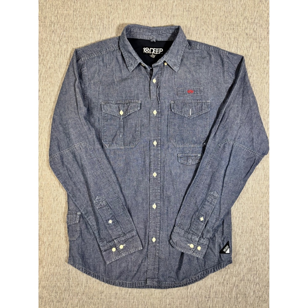 10Deep Mens XL Blue Chambray Long Sleeve Button Down Utility Streetwear Shirt